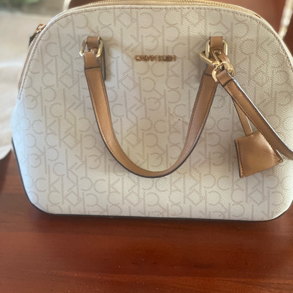 Calvin Klein White and Tan Satchel